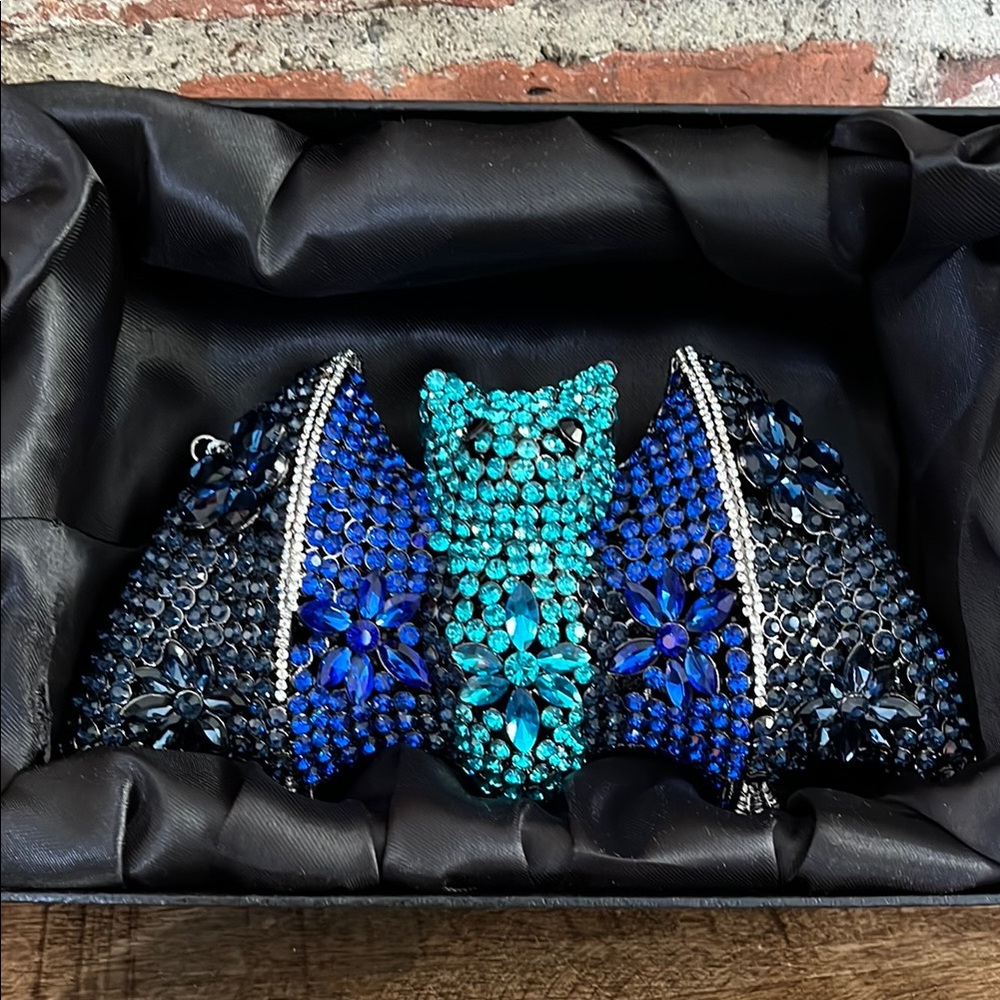 Elegant Blue and Black Crystal Bat clutch